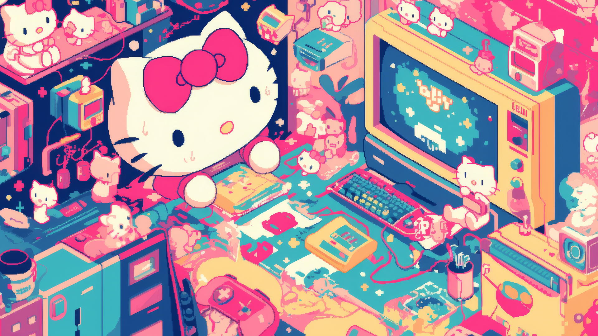 Y2K Hello Kitty wallpaper aesthetic with pixelated graphics and neon lights.