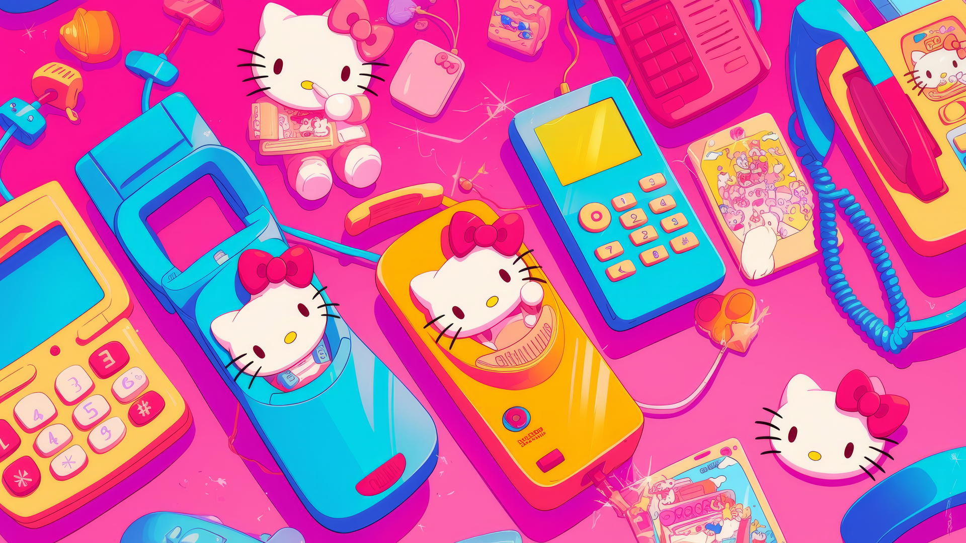 Y2K Hello Kitty wallpaper aesthetic with flip phones and colorful buttons