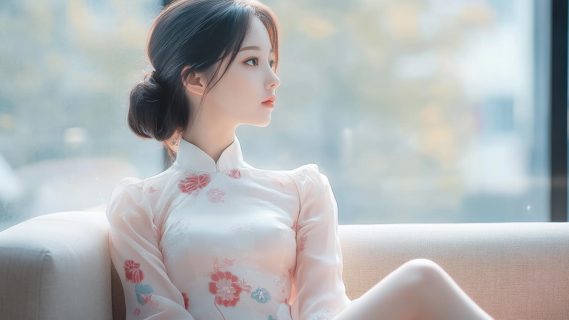 Korean teenage girl in cheongsam, sitting cross-legged, side view