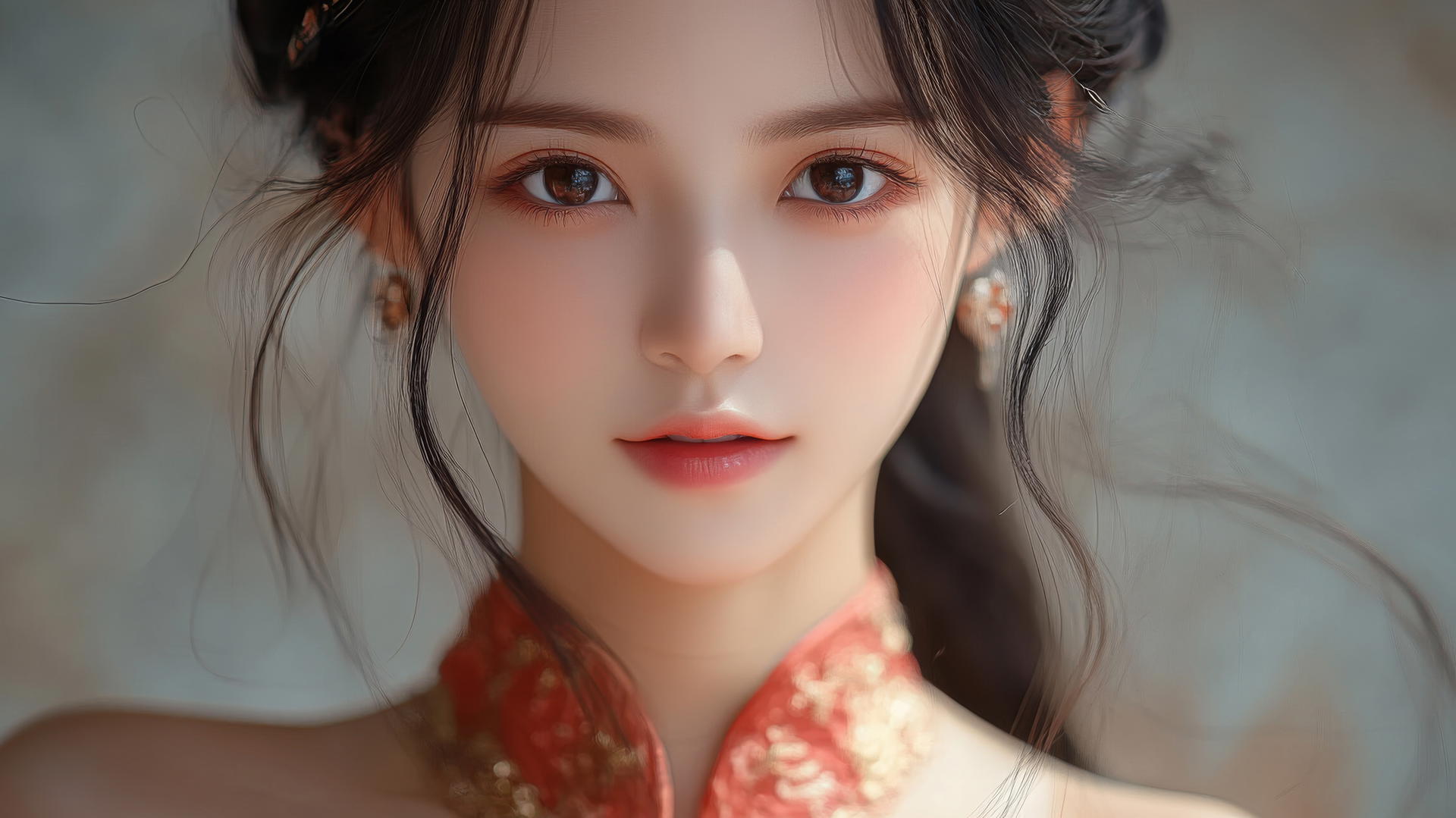 Smiling woman with long black hair in Chinese costume with side light