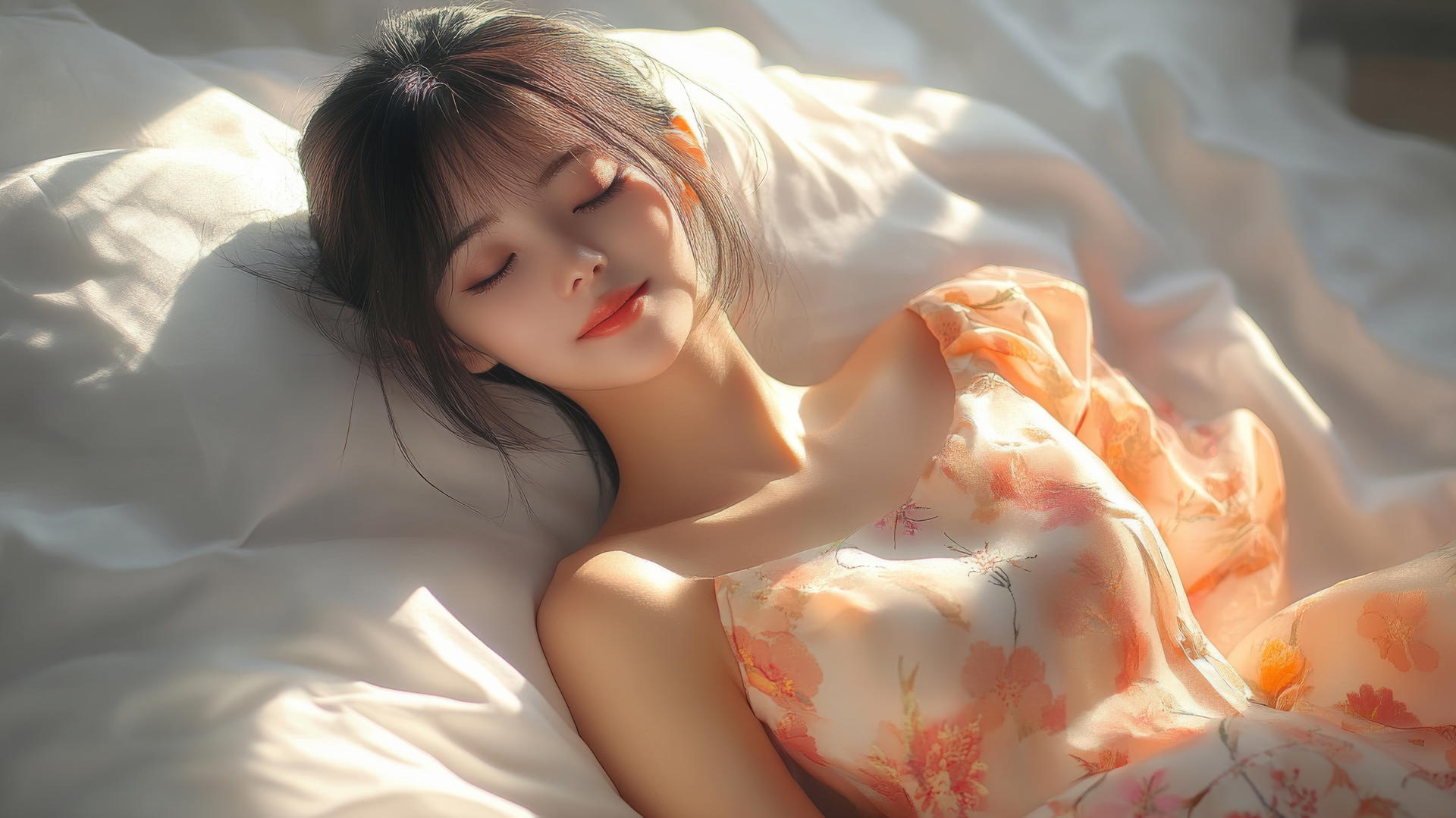 Top-down view of Vietnamese woman in Ao Dai dress, smiling, in natural light