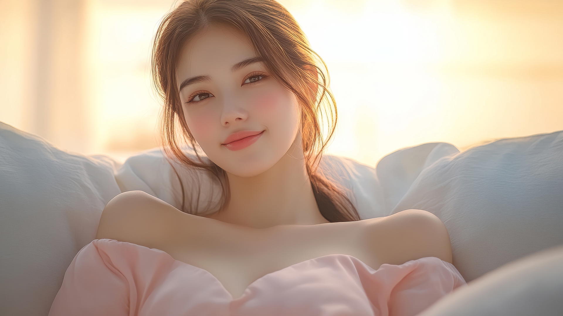 Top-down view of a Vietnamese woman in an Ao Dai dress, smiling in bed.