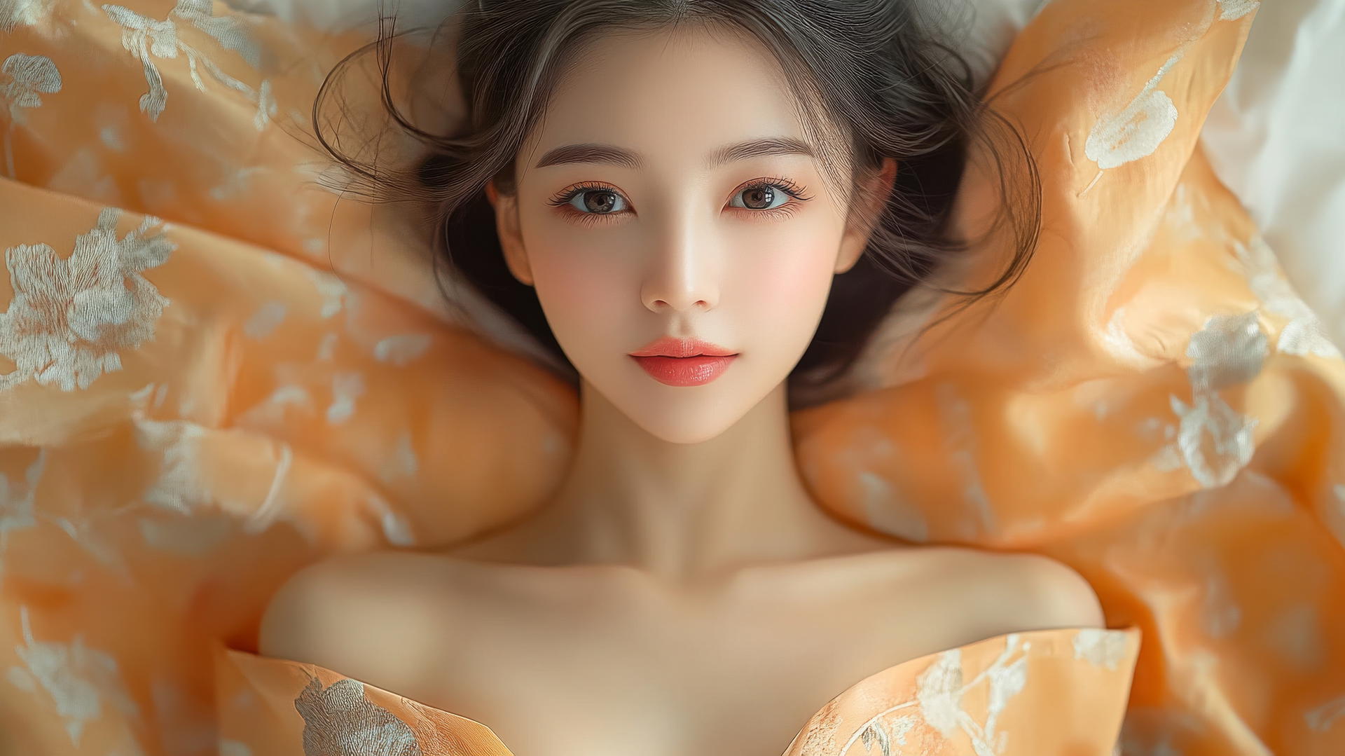 Top-down view of a smiling Vietnamese woman in Ao Dai dress with pink skin under natural light.