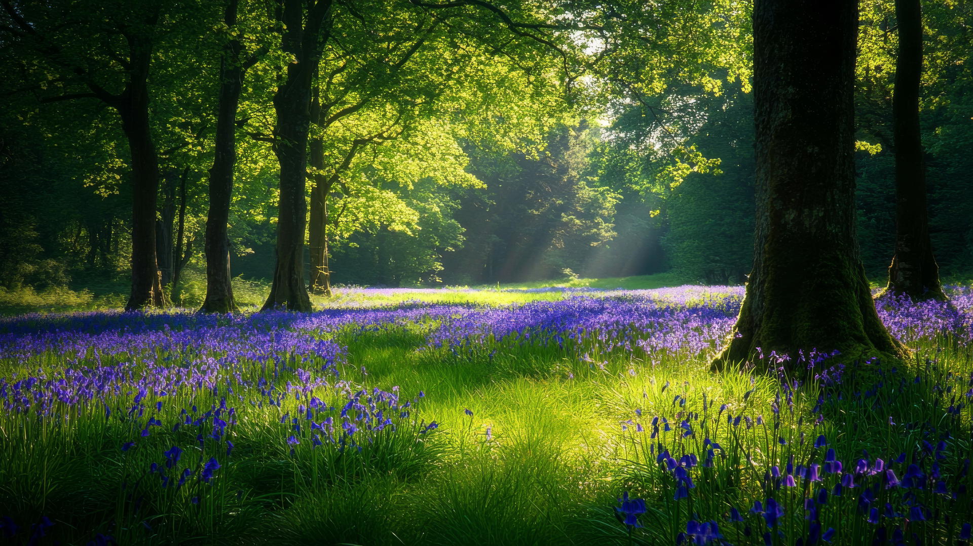 flower nature wallpaper of a meadow with bluebells under tall trees