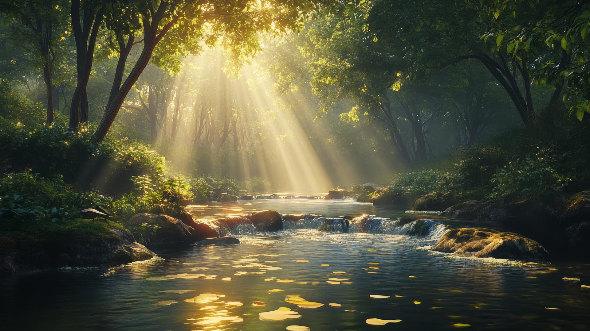 Nature aesthetic wallpaper of a river in a dense forest with sunlight filtering through trees