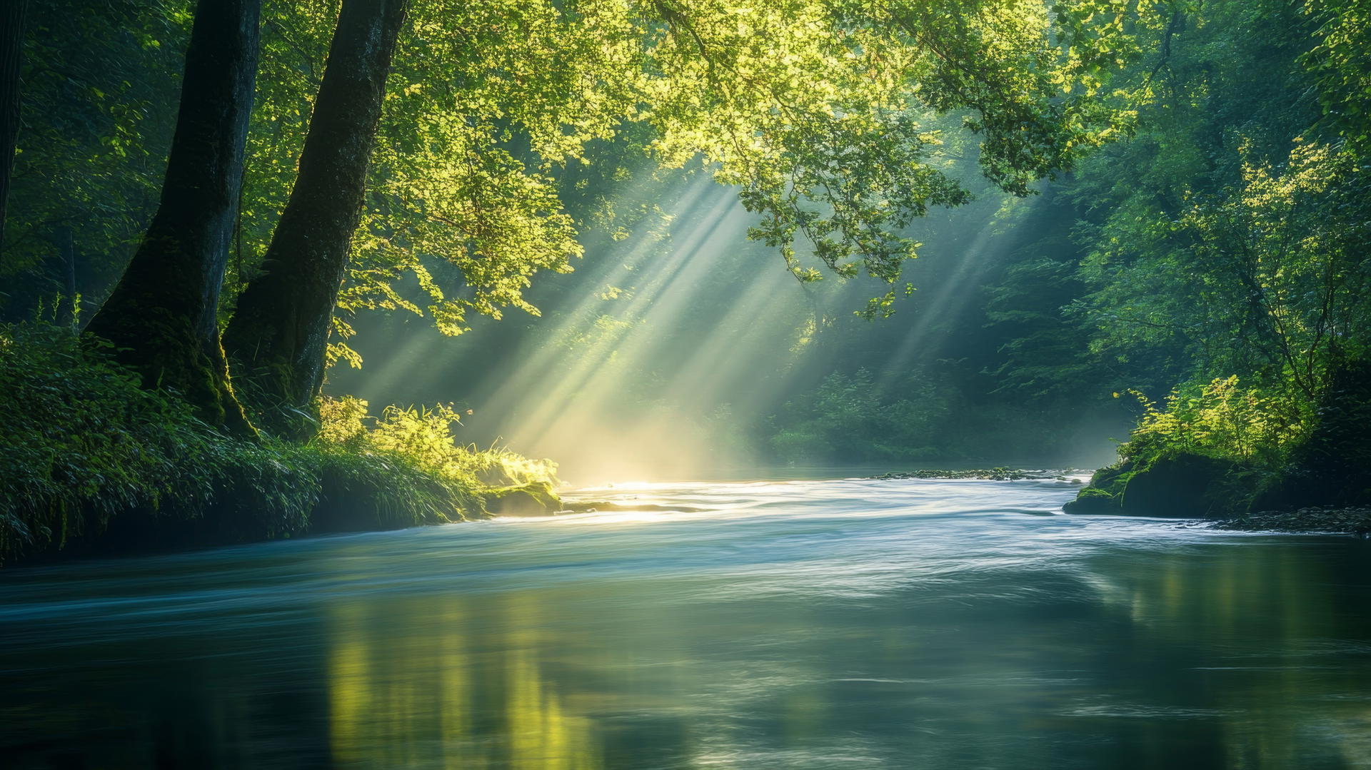 nature aesthetic wallpaper with a peaceful river in a dense forest and sunlight filtering through trees