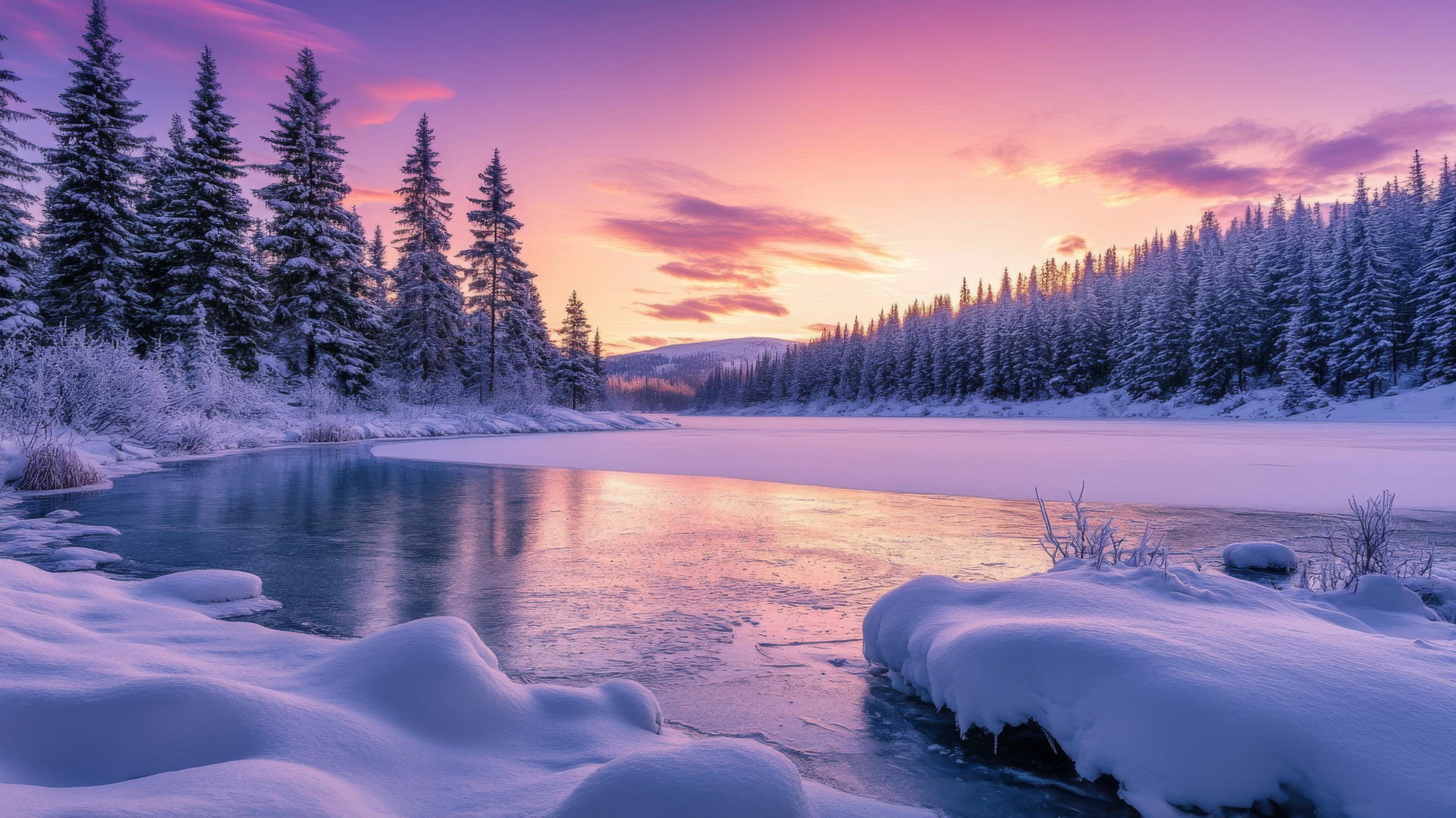 Beautiful nature wallpaper 4K with snow-covered landscape, frozen lake, pine trees, pink and purple sunset