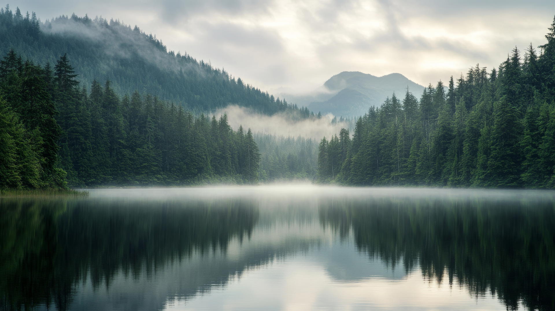 nature wallpaper: calm lake with morning mist, dense pine forest, distant mountains