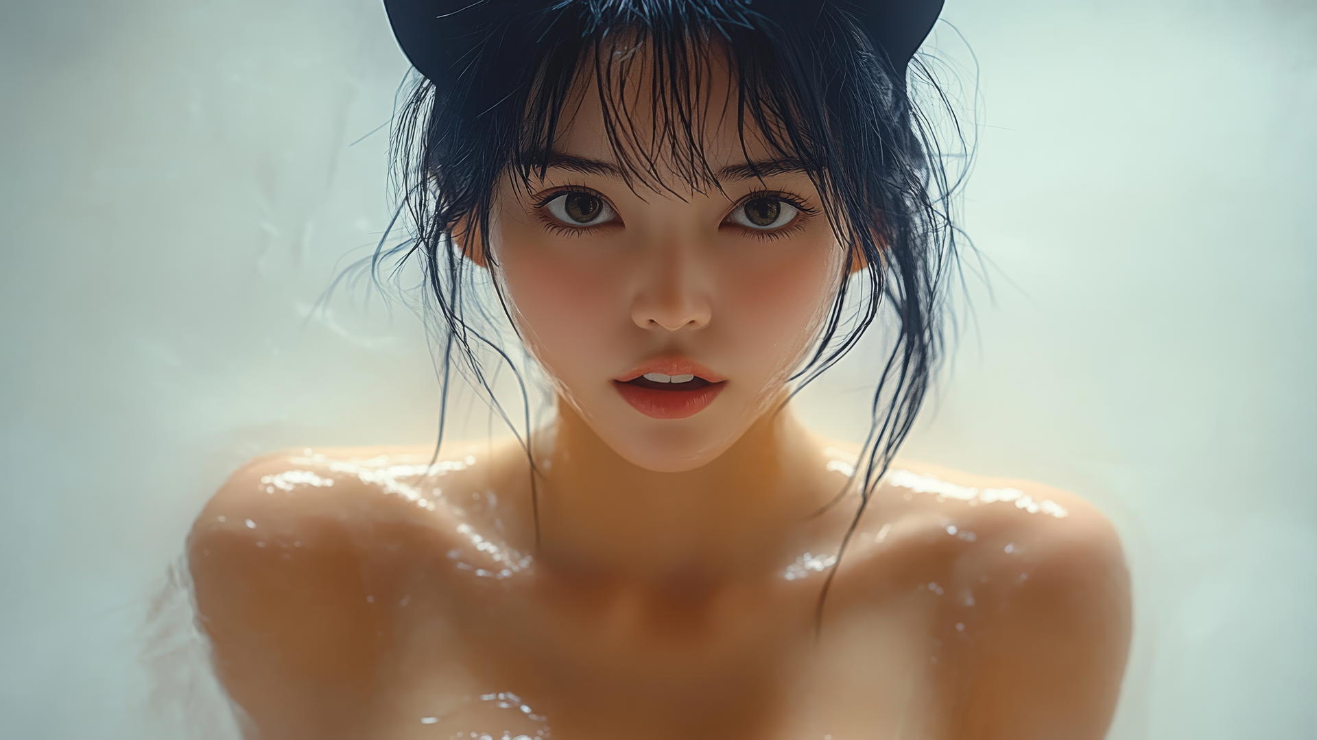 Kneeling Asian girl with cat ears and pink skin, smiling down