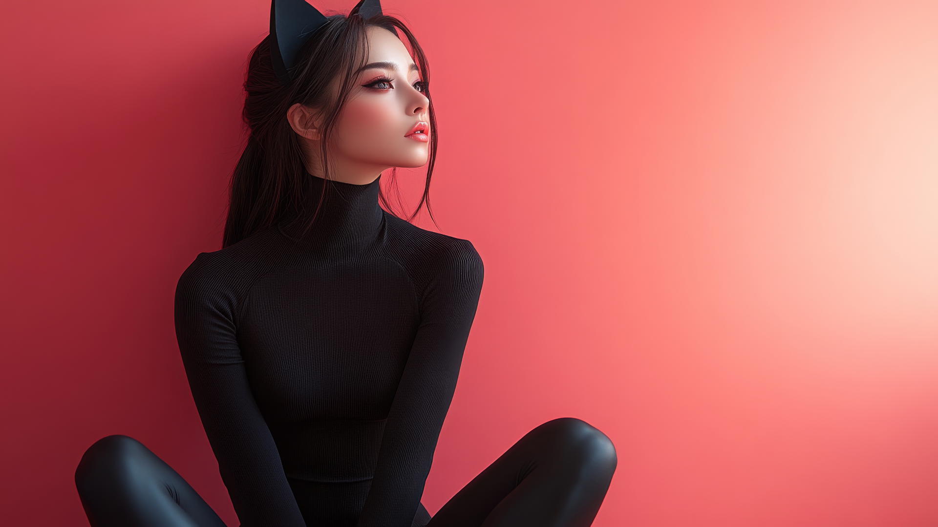 Asian girl with cat ears in high heels, crossed legs, side view