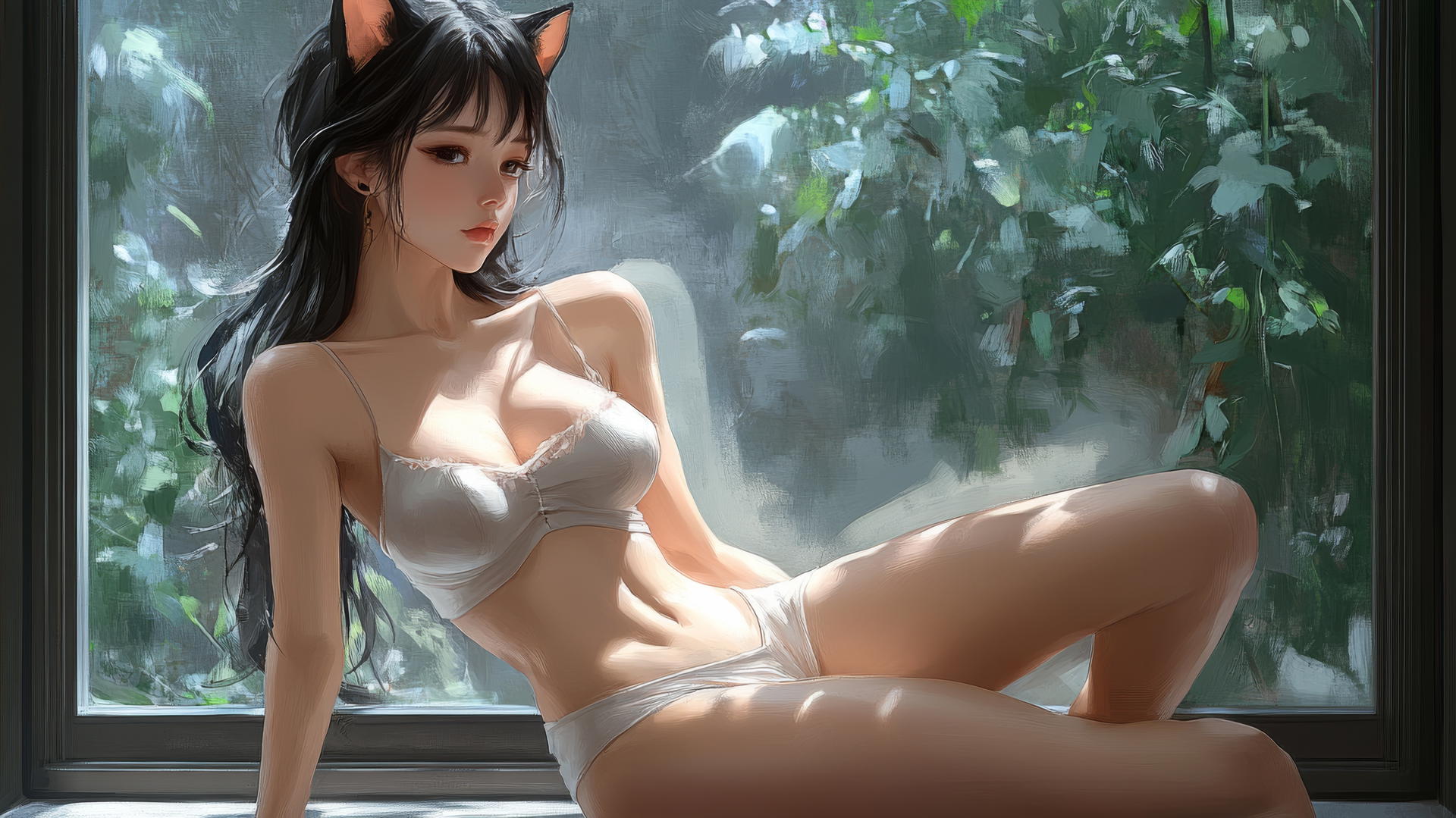Beautiful Asian girl with cat ears, high heels, and crossed legs, side view