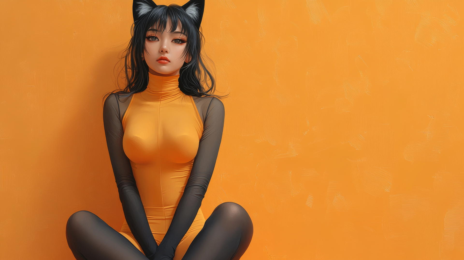 Asian girl with cat ears, crossed legs, high heels, long sleeves, side view.