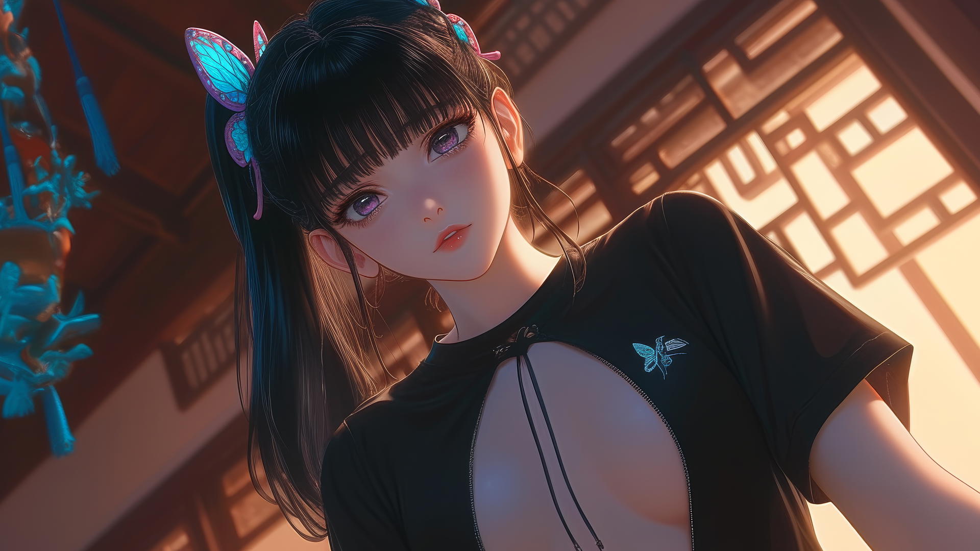 Kanao Tsuyuri kneeling, viewed from below with warm light highlighting her figure.