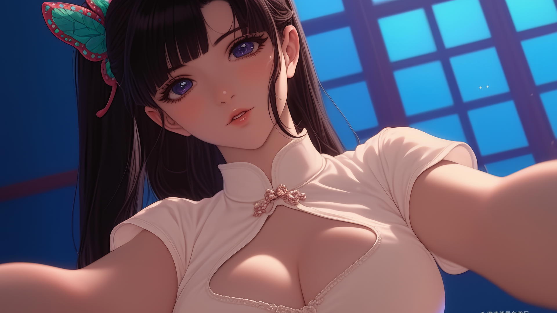 Kanao Tsuyuri kneeling, seen from below with ceiling background, warm light glow.