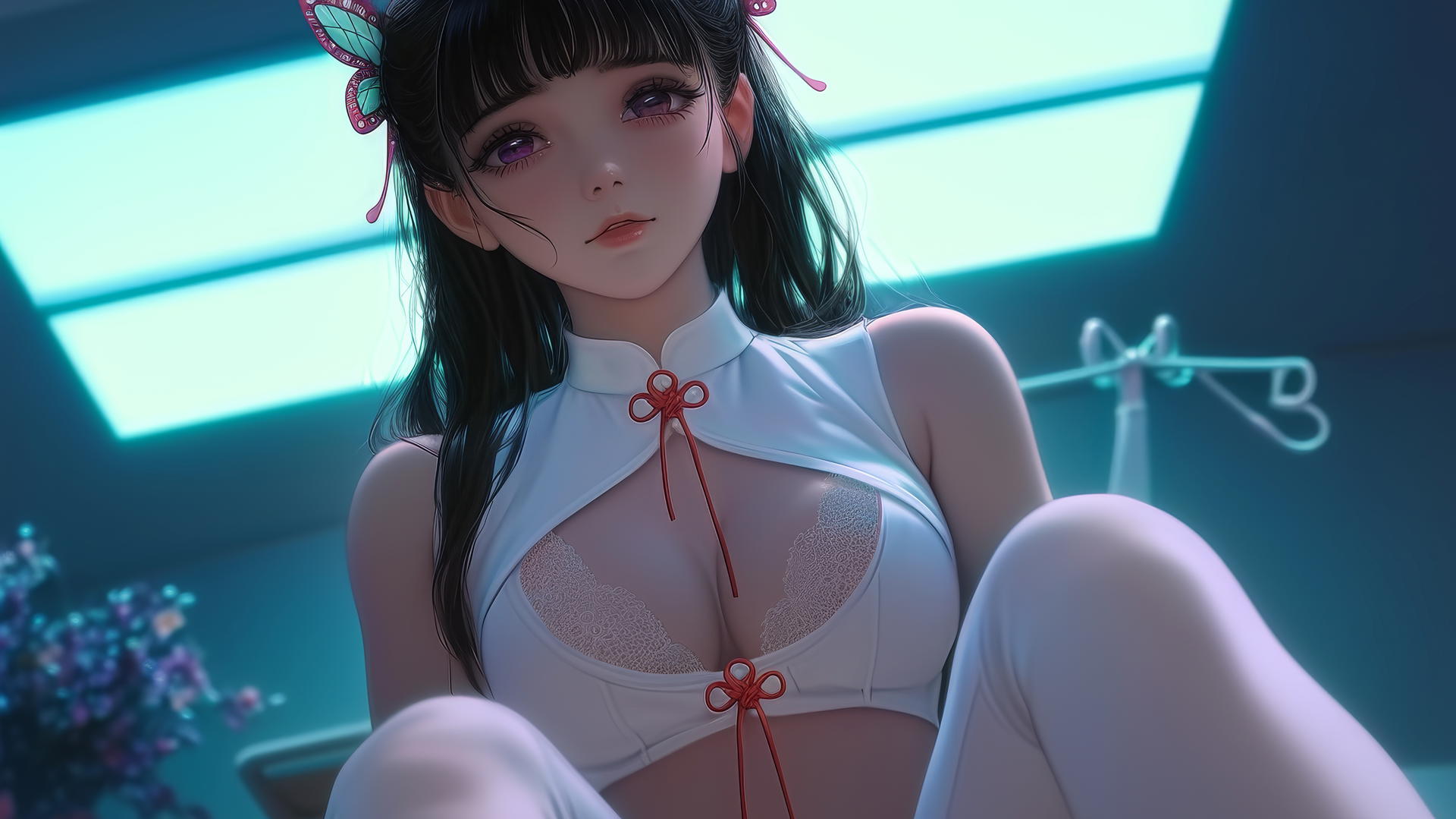 Kanao Tsuyuri from Demon Slayer as a nurse, kneeling, seen from below