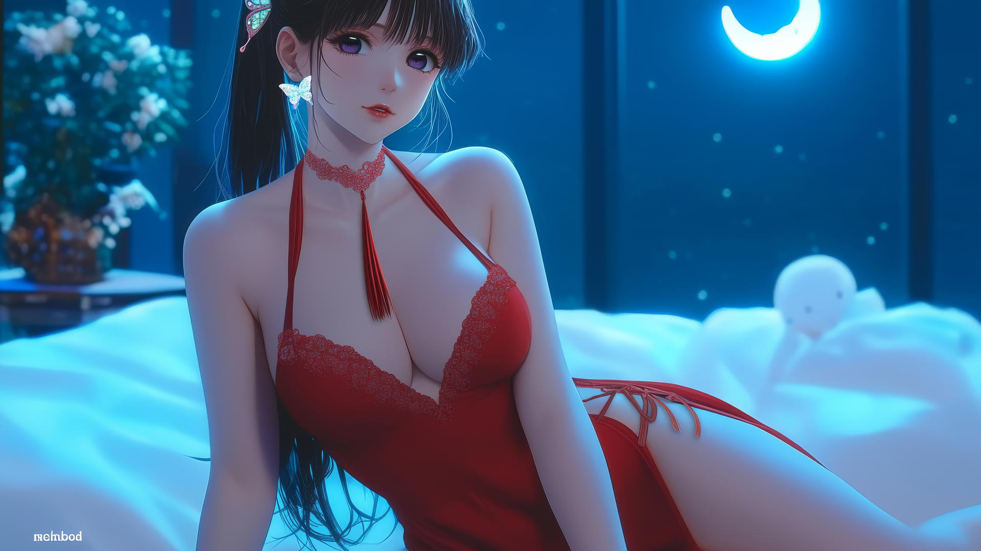 Kanao Tsuyuri in Christmas attire at a modern hotel with warm light highlighting her figure.