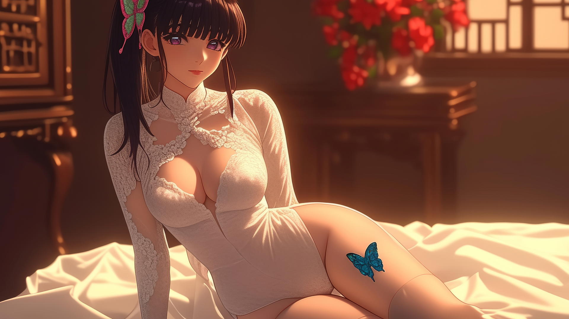 Kanao Tsuyuri in a wedding dress at a modern hotel with warm light highlighting her figure.