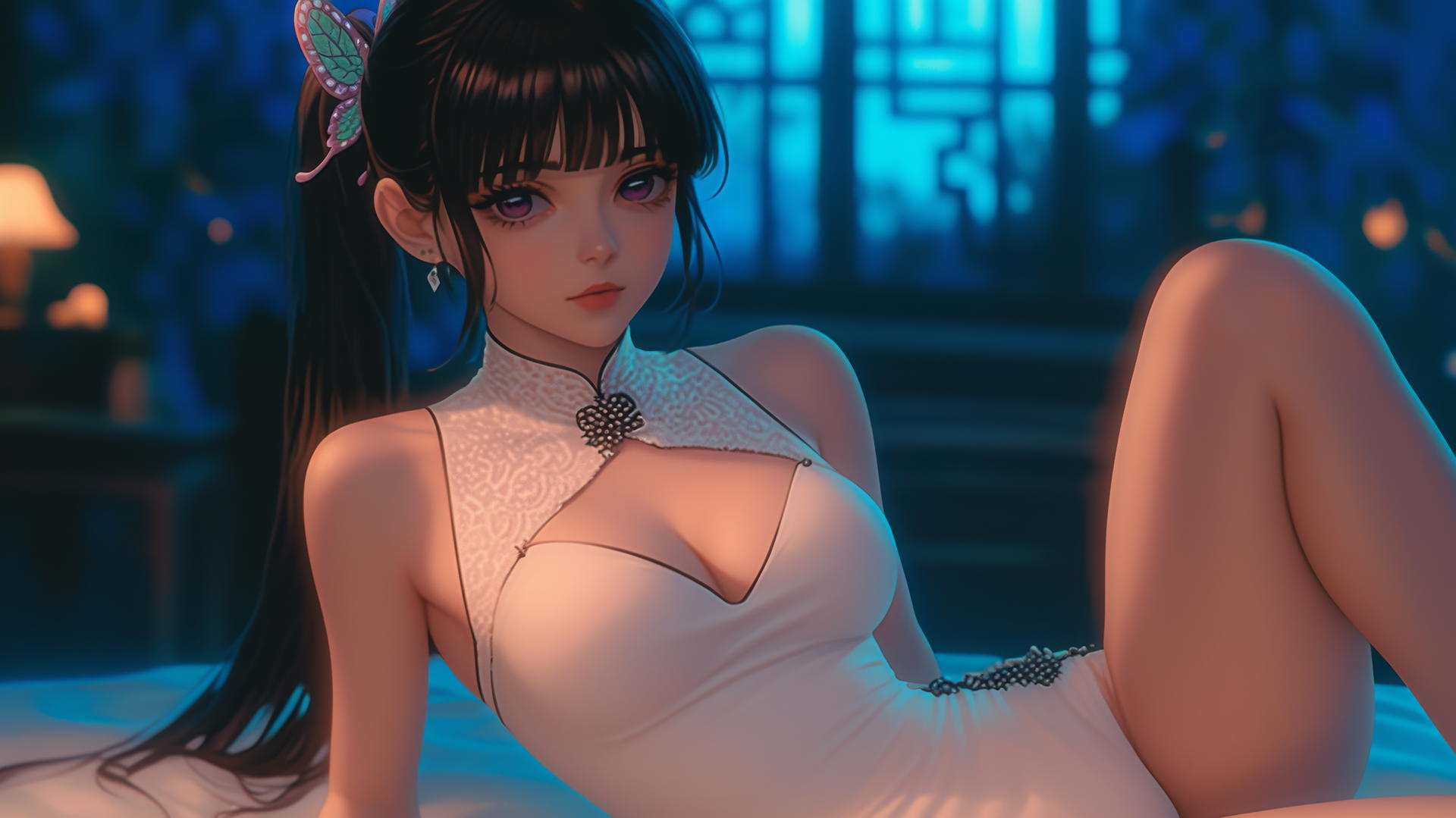 Kanao Tsuyuri from Demon Slayer, at modern hotel, warm light on her figure and legs.