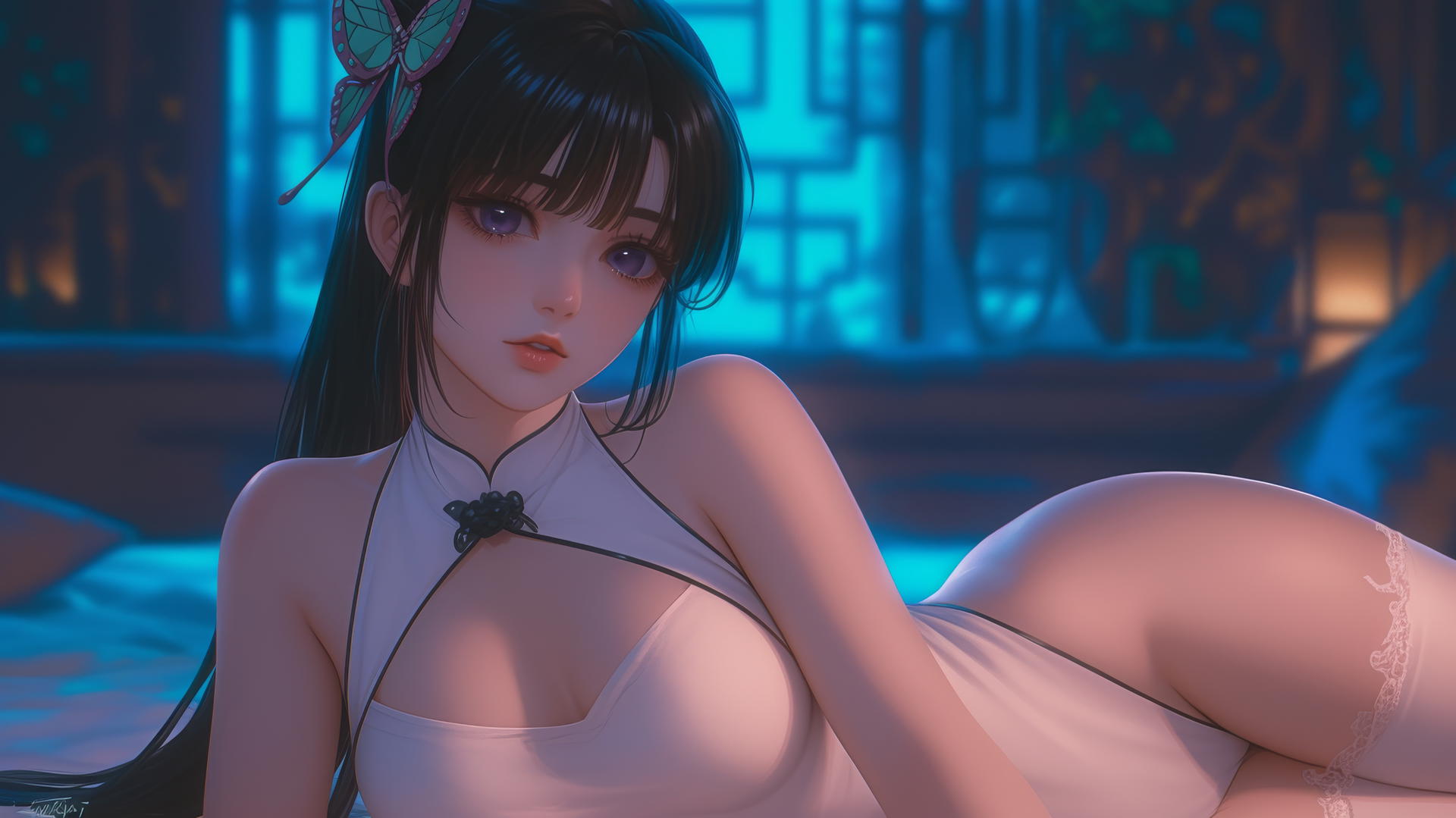 Kanao Tsuyuri from Demon Slayer in a modern hotel, warm light highlighting her figure and legs.