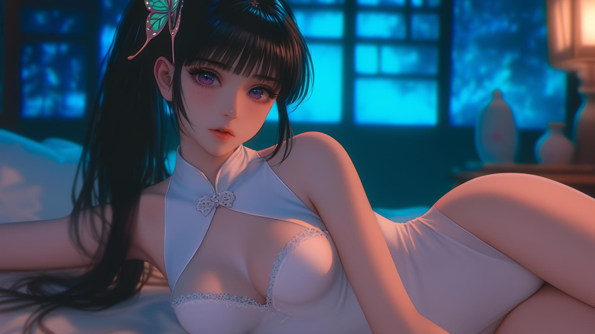 Kanao Tsuyuri from Demon Slayer in a modern hotel with warm light highlighting her figure and legs