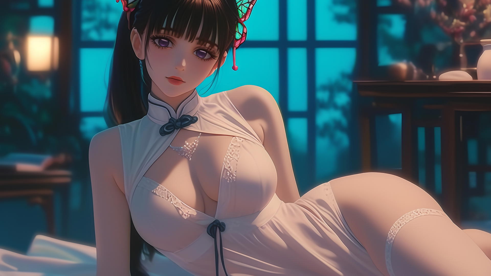Kanao Tsuyuri from Demon Slayer in a modern hotel, lit warmly, highlighting her figure and legs.