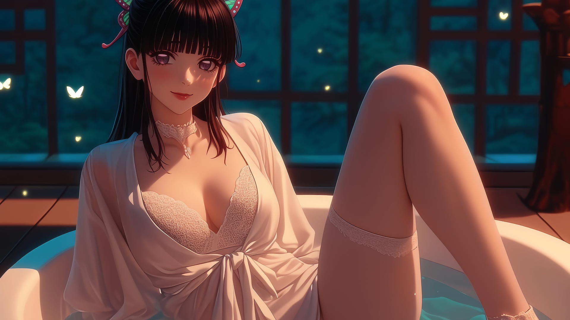 Kanao Tsuyuri from Demon Slayer in a modern apartment tub, leg pointing up, glowing highlight.