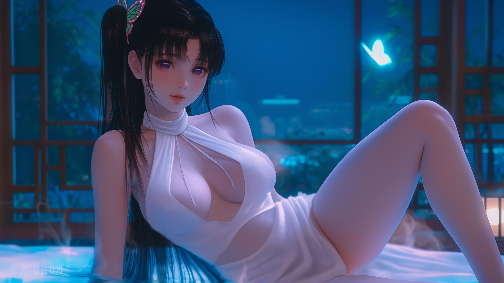 Kanao Tsuyuri in a tub, one leg up, warm light highlighting her figure, black ponytail, butterfly ornament