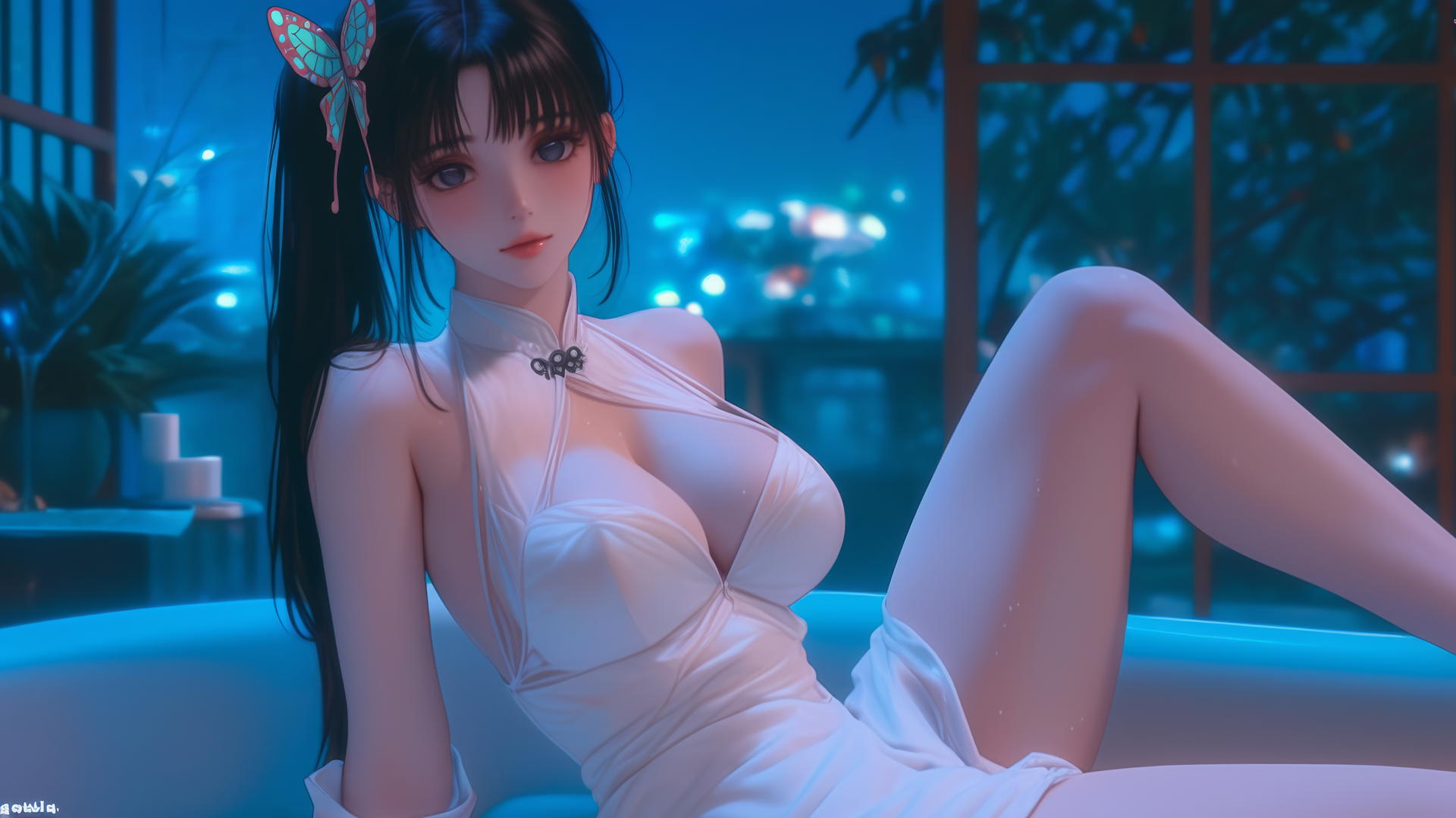 Kanao Tsuyuri from Demon Slayer in a modern apartment tub with one leg raised, warm light glow.