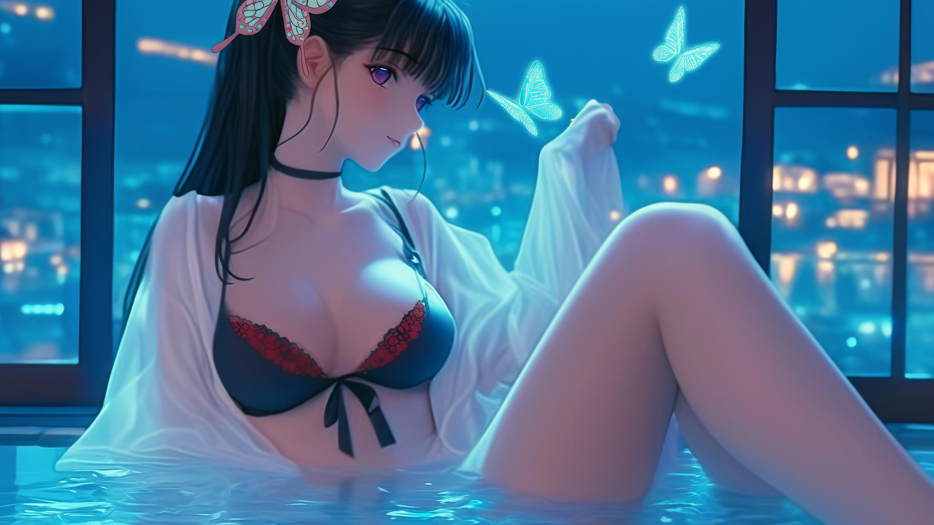 Kanao Tsuyuri from Demon Slayer in a modern apartment tub with one leg up, soft warm light highlighting her figure.