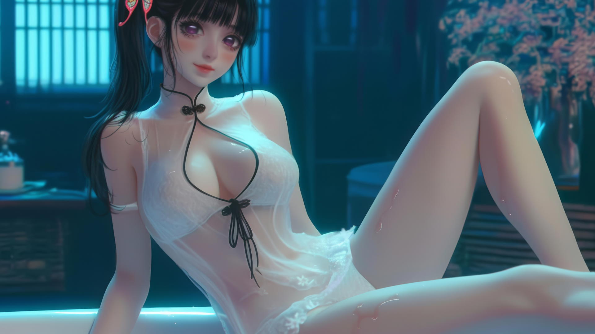 Kanao Tsuyuri from Demon Slayer, in modern apartment tub, leg pointing up, warm light