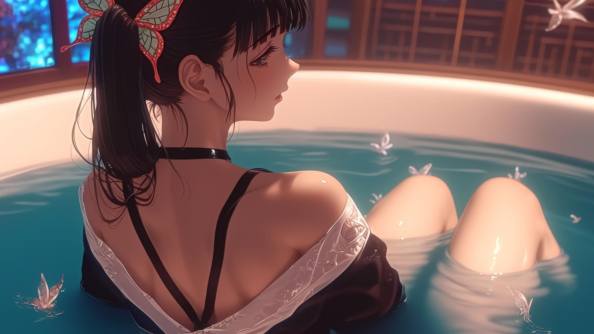 Kanao Tsuyuri from Demon Slayer seen from behind in a modern apartment's tub, with warm light highlighting her thighs.