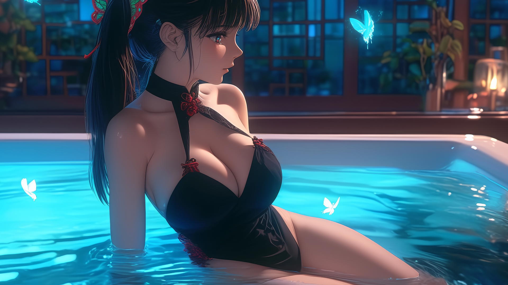 Kanao Tsuyuri from Demon Slayer at a modern apartment tub, warm light highlighting her figure and legs