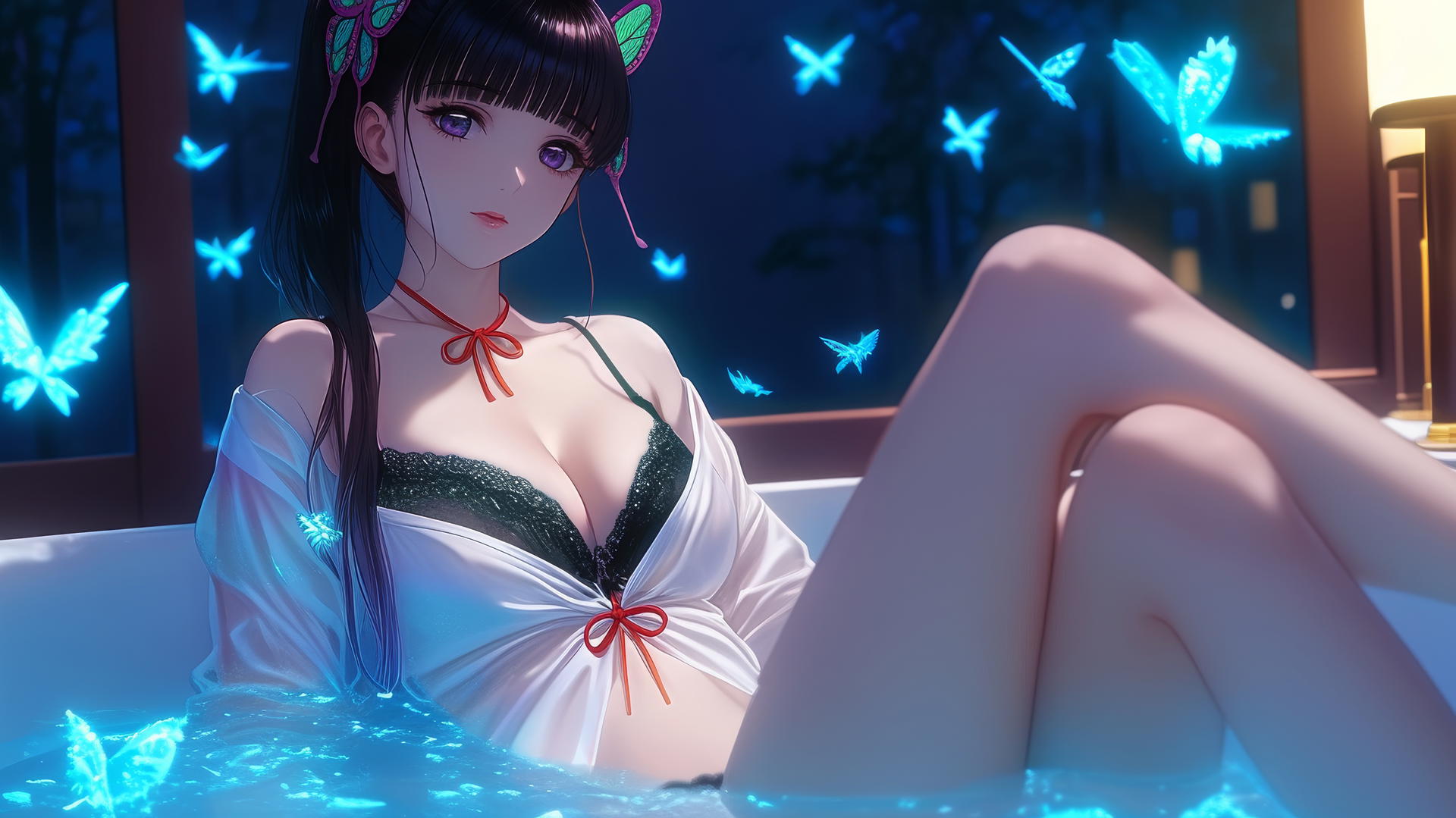 Kanao Tsuyuri resting in a modern tub, warm light highlighting her figure