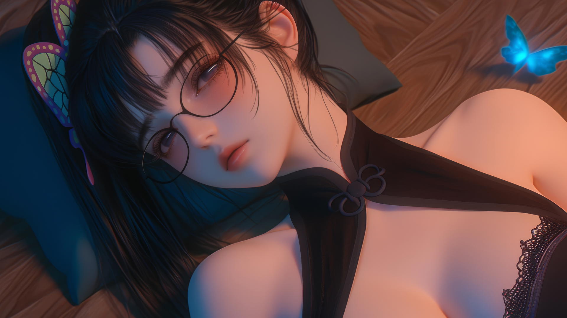 Kanao Tsuyuri resting in a tub in a modern apartment, warm light highlighting her figure