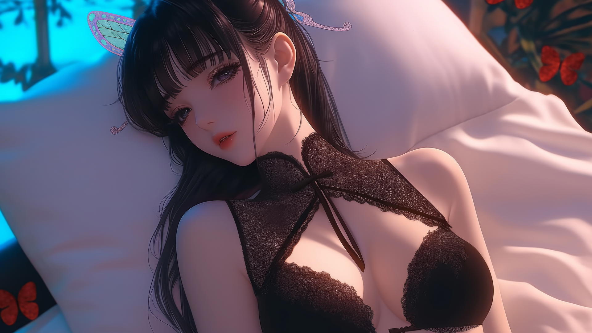 Kanao Tsuyuri from Demon Slayer resting in a modern apartment with warm light