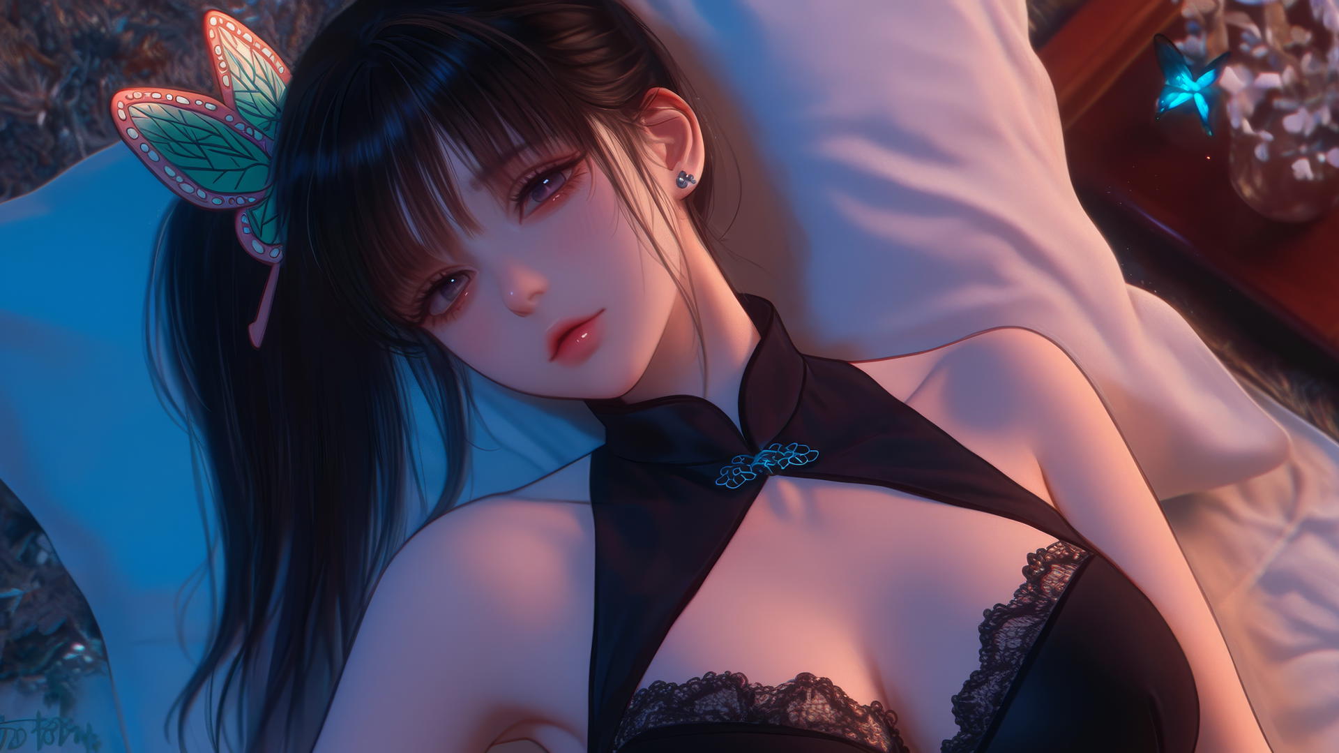 Kanao Tsuyuri resting in a modern apartment with soft warm light