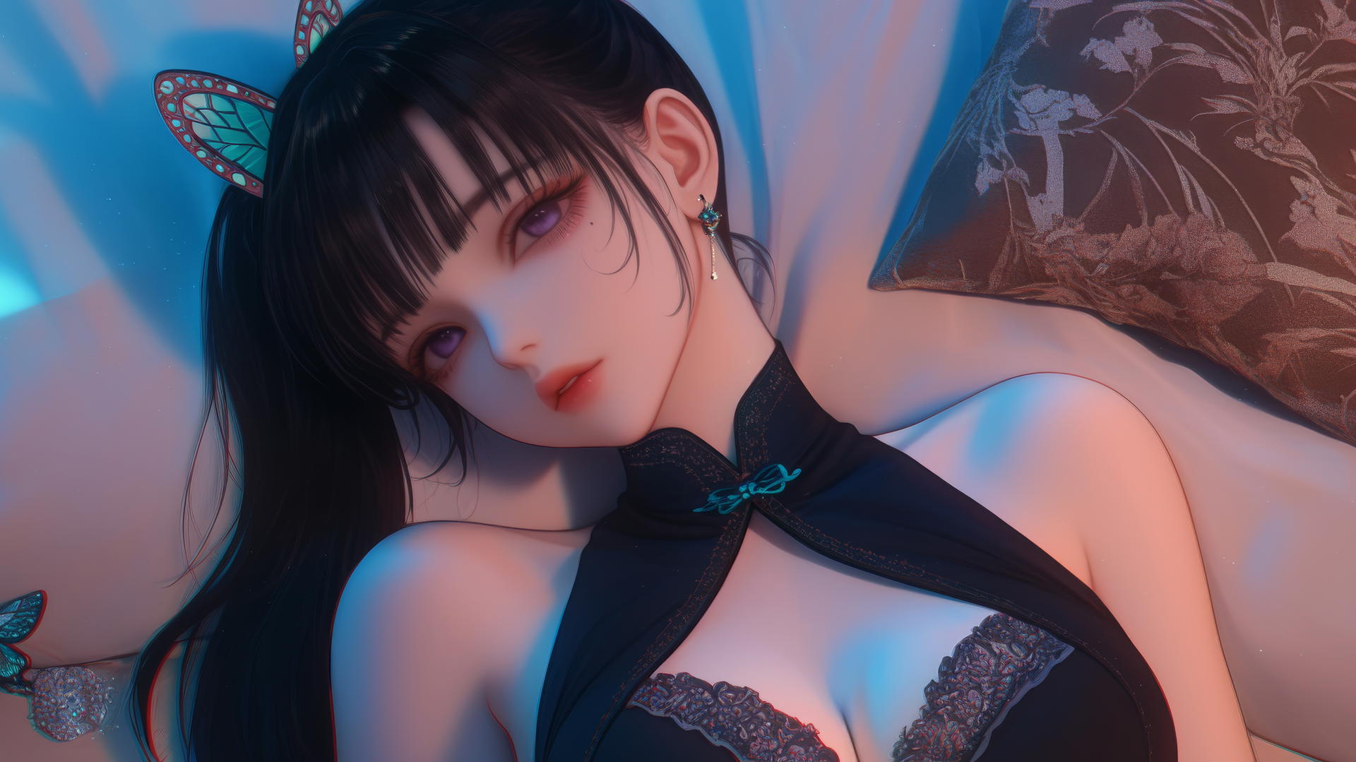 Kanao Tsuyuri resting in a modern apartment with warm light highlighting her figure.