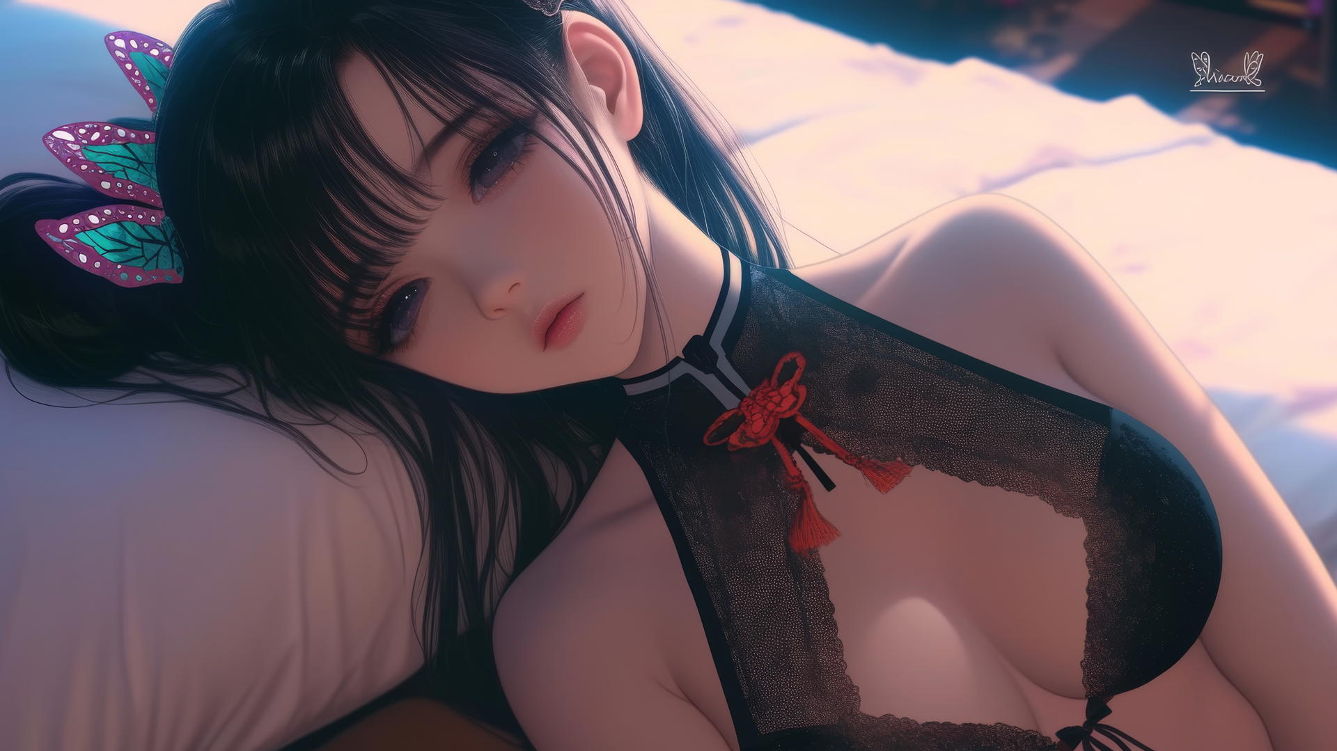 Kanao Tsuyuri from Demon Slayer resting in a modern apartment with warm light highlighting her figure and legs.