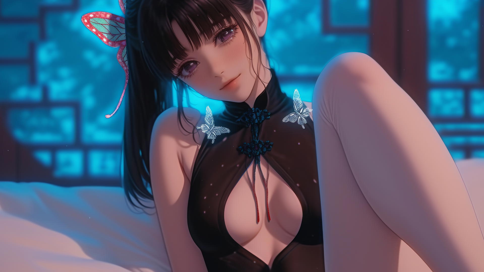 Kanao Tsuyuri kneeling, looking down, warm light highlighting her figure and legs