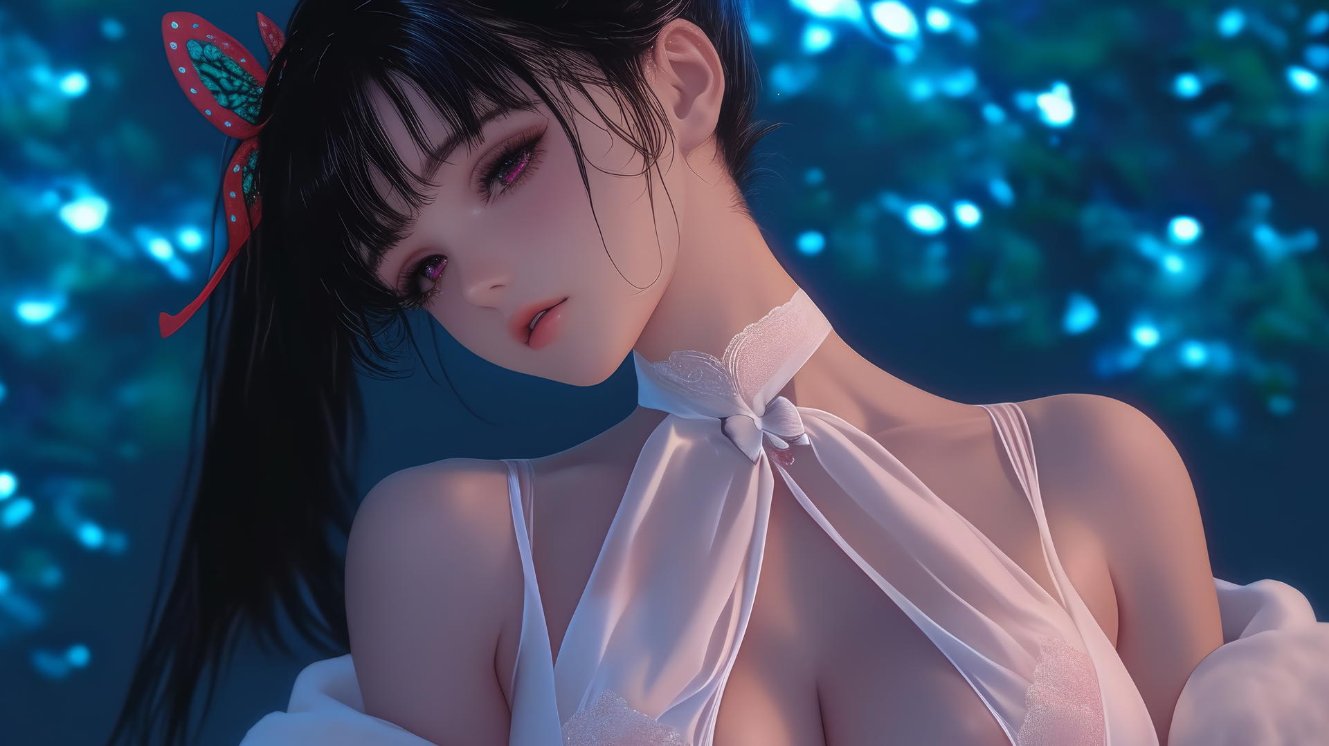 Kanao Tsuyuri from Demon Slayer kneeling, warm light on her figure