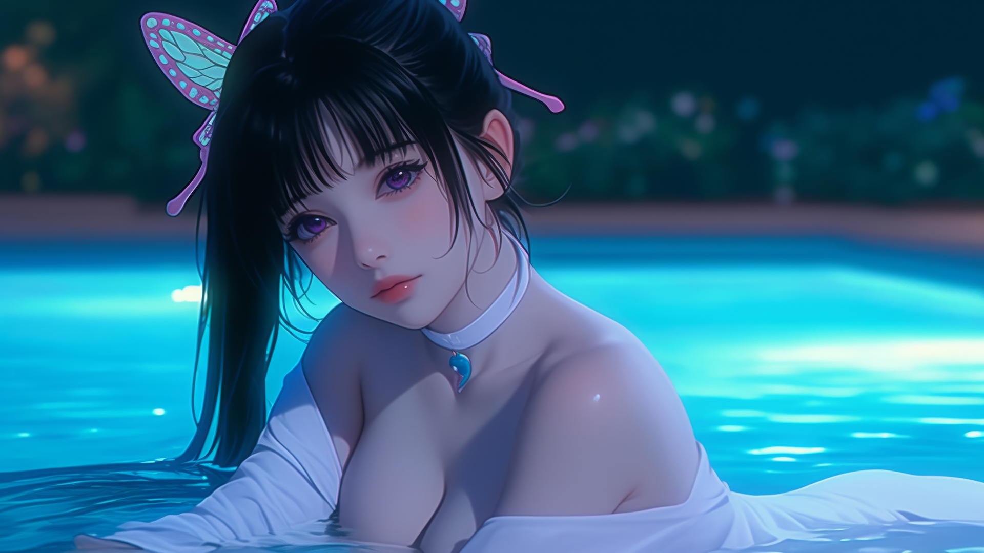 Kanao Tsuyuri from Demon Slayer resting by a swimming pool with moonlight.