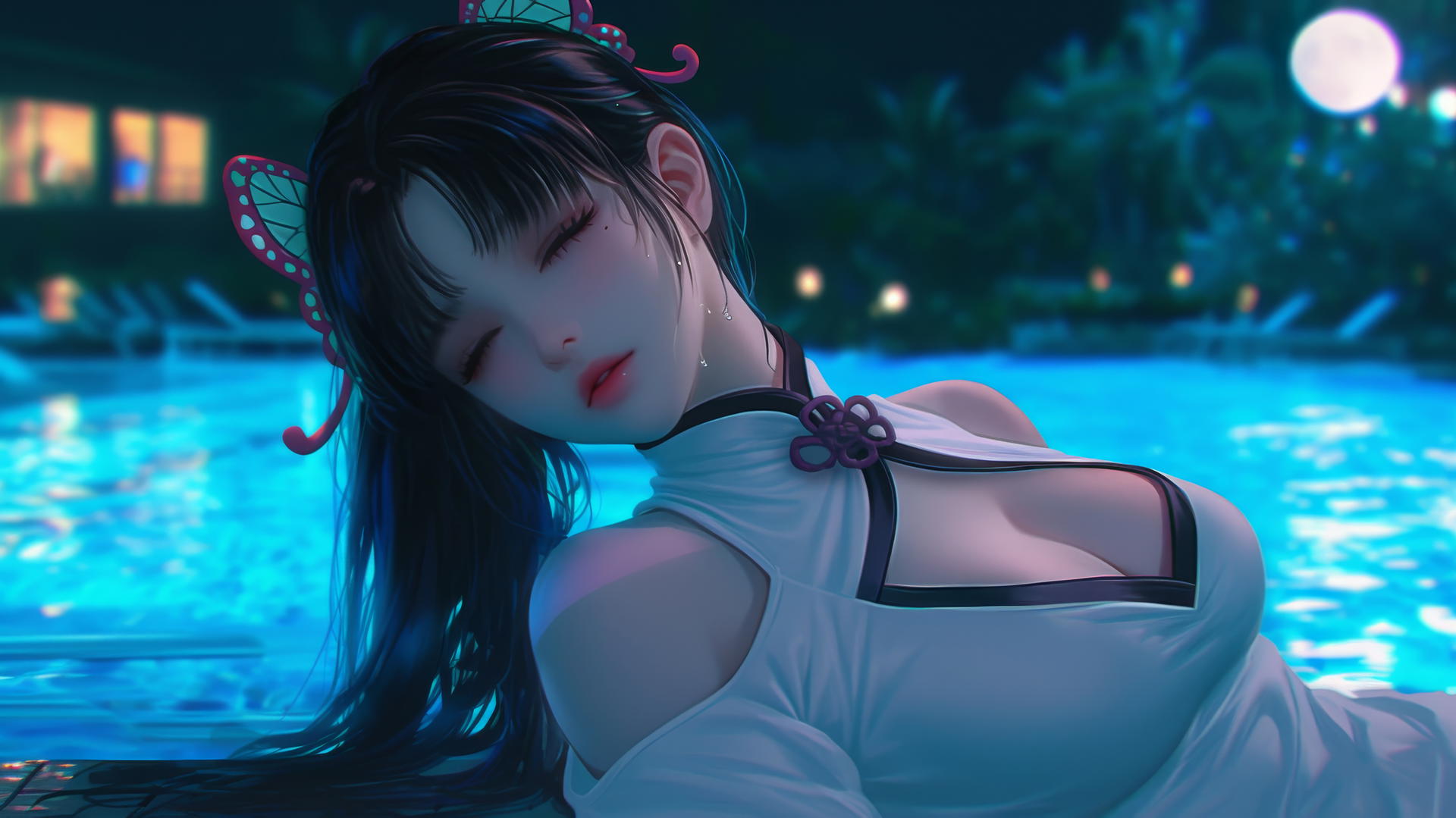 Kanao Tsuyuri from Demon Slayer resting by a swimming pool under the moonlight.