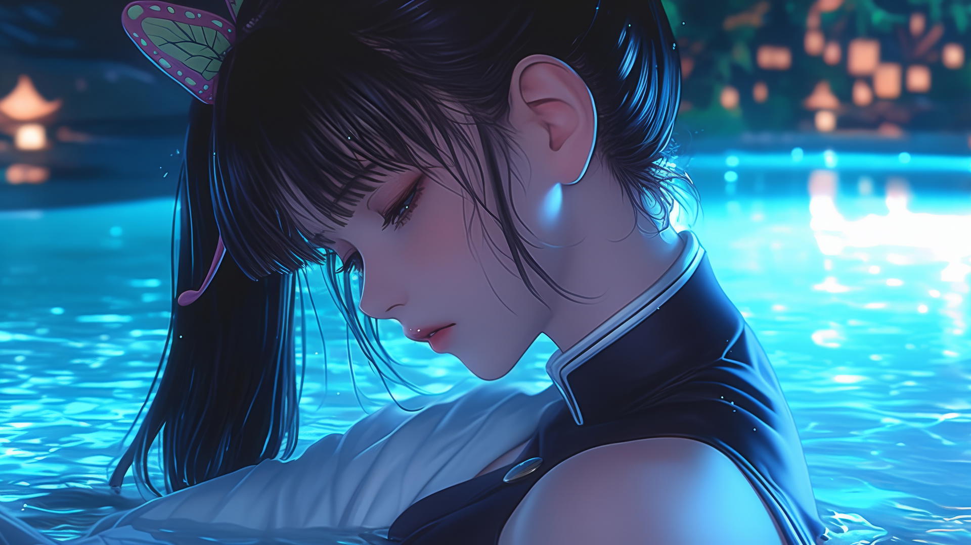Kanao Tsuyuri from Demon Slayer resting by a swimming pool in moonlight