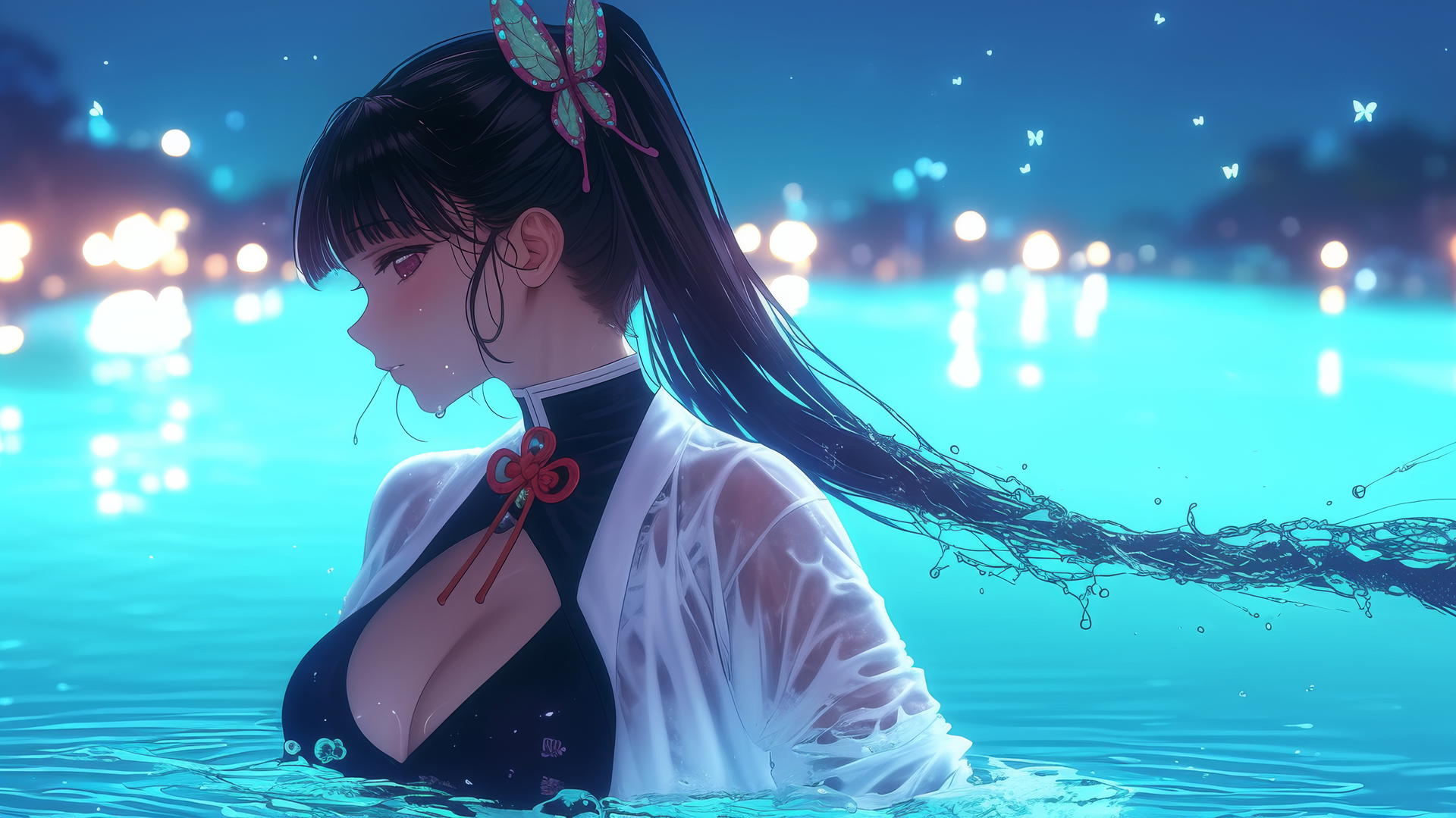 Kanao Tsuyuri from Demon Slayer jumping out of a swimming pool under moonlight.