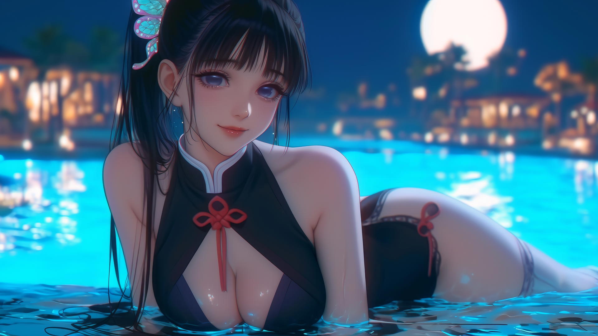 Kanao Tsuyuri from Demon Slayer, resting by a swimming pool under moonlight.