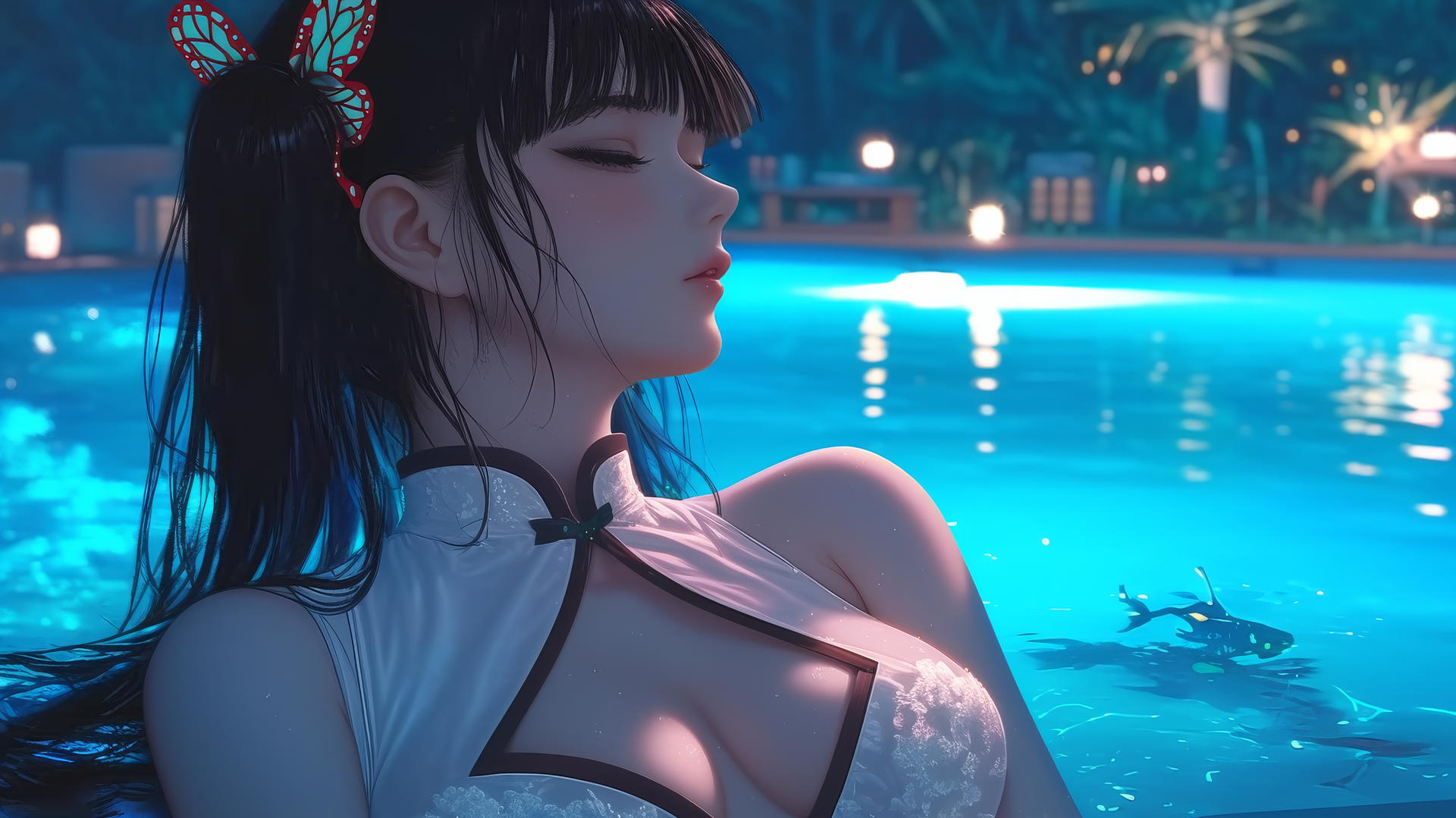 Kanao Tsuyuri from Demon Slayer resting by a swimming pool under moonlight.