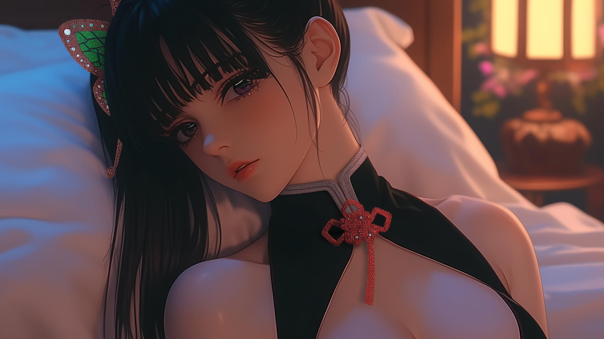 Kanao Tsuyuri from Demon Slayer resting in a modern hotel room with warm lighting