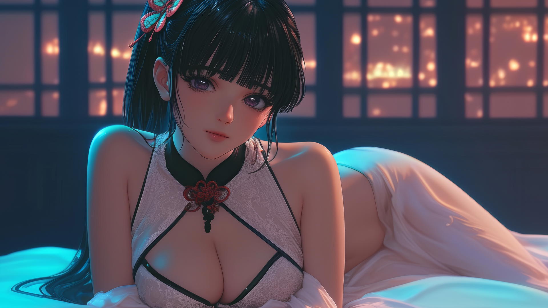 Kanao Tsuyuri from Demon Slayer resting in a modern hotel room with warm light