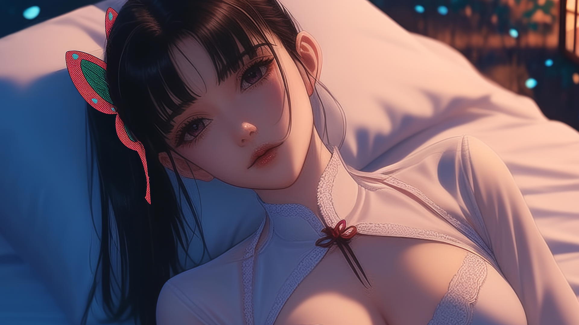 Kanao Tsuyuri resting in a modern hotel room with warm light