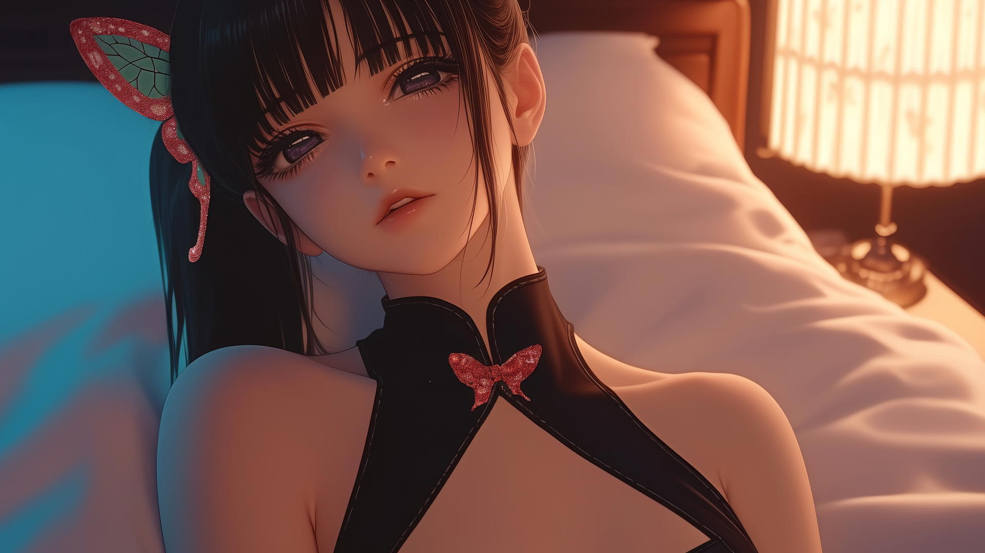 Kanao Tsuyuri resting in a modern hotel room with warm light and butterfly ornament.
